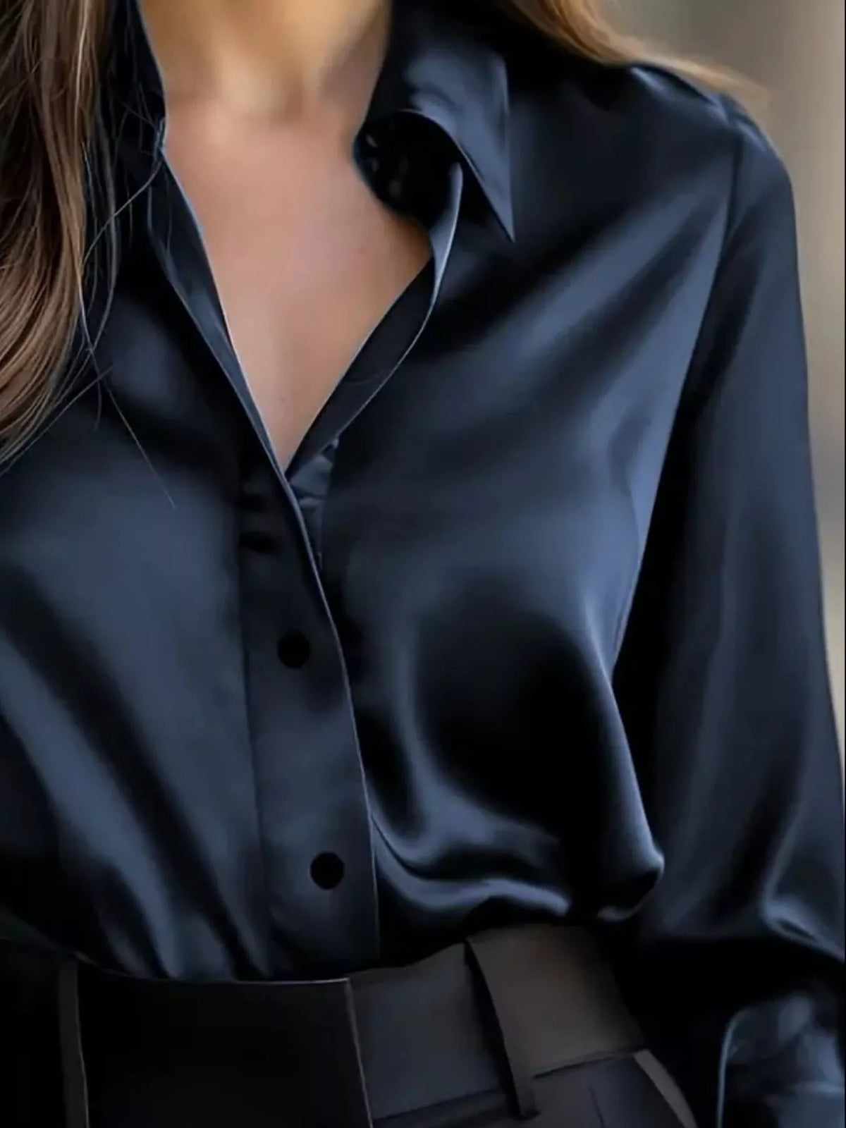 Button Down Collared Neck Long Sleeve Shirt - Navy - View 5
