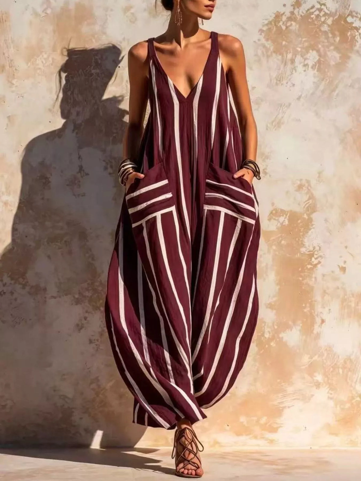 Striped V-Neck Sleeveless Wide-Leg Jumpsuit - Burgundy - View 1