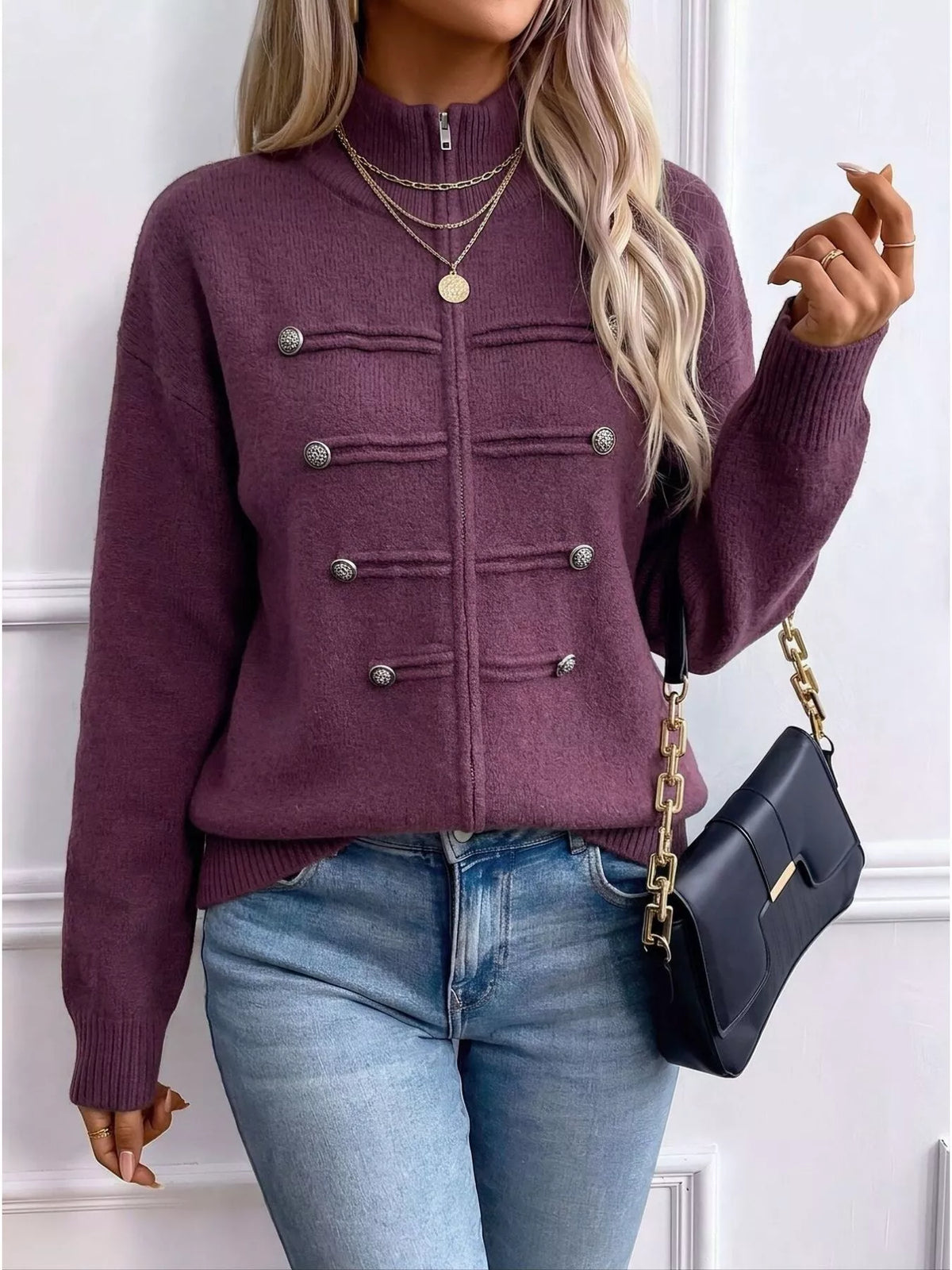 Zip-Up Long Sleeve Cardigan - Plum Purple - View 11