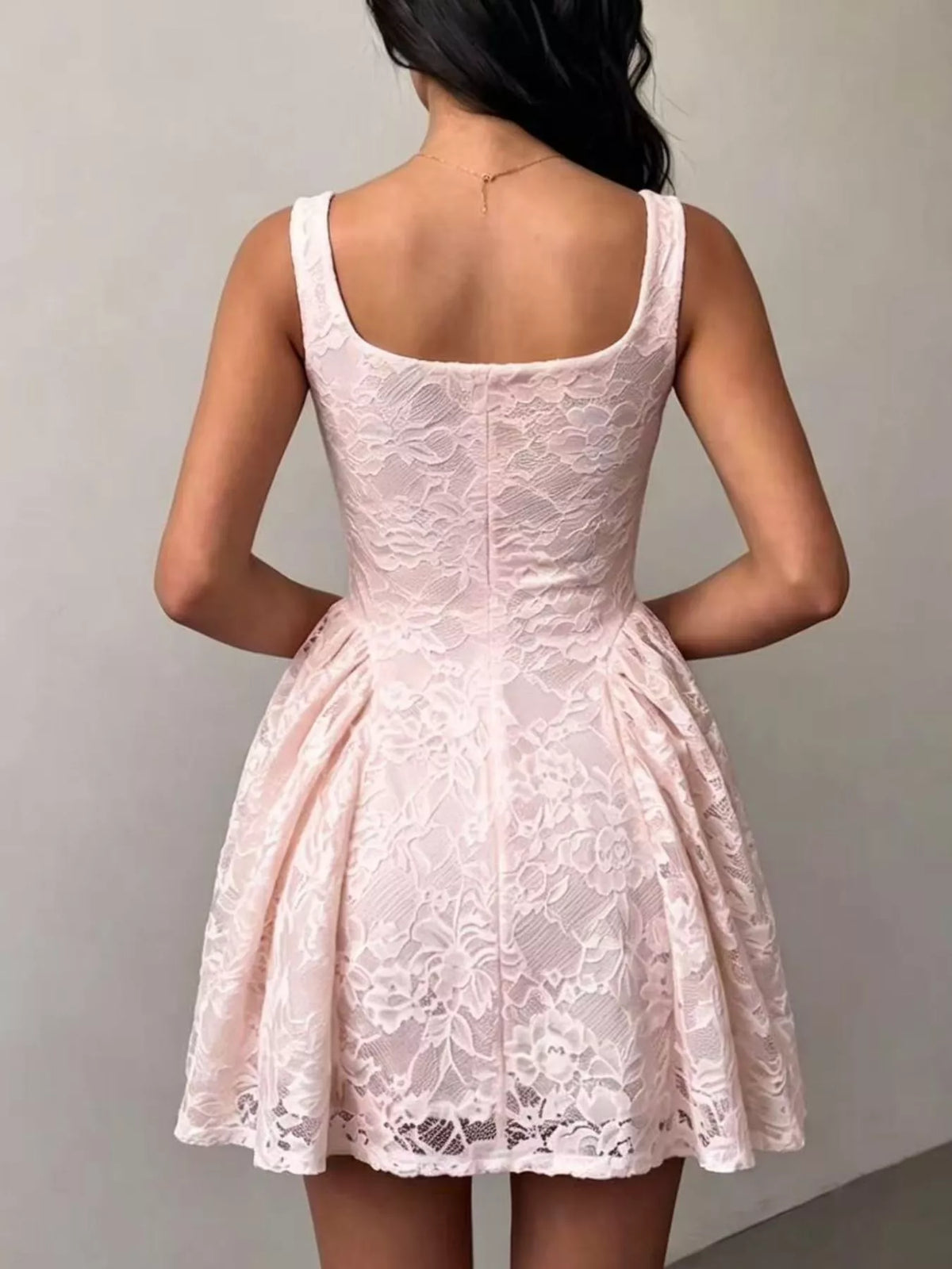 Floral Lace Square Neck Mini Dress - Pink - View 2