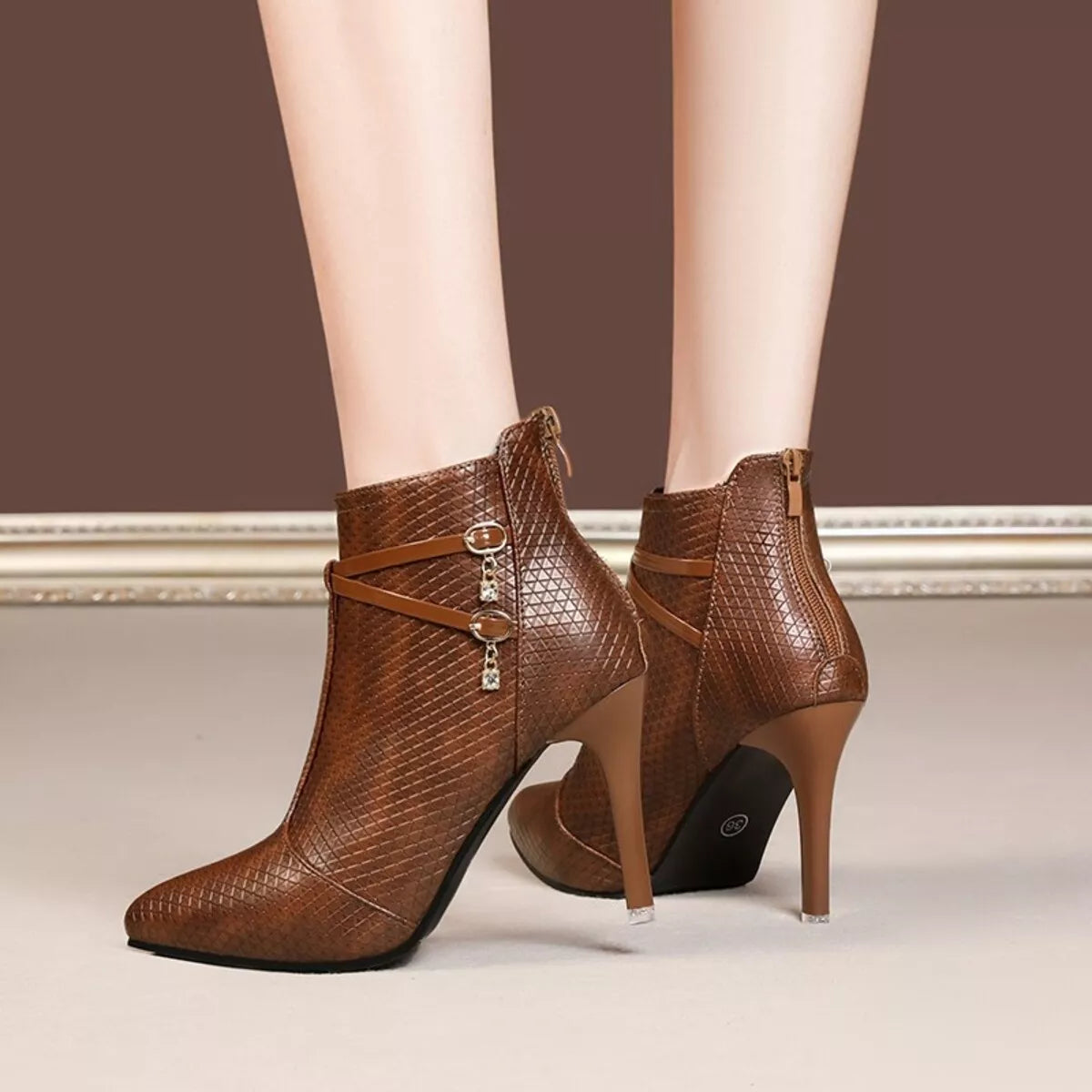 Pointed-Toe Stiletto Ankle Boots - Coffee - View 10