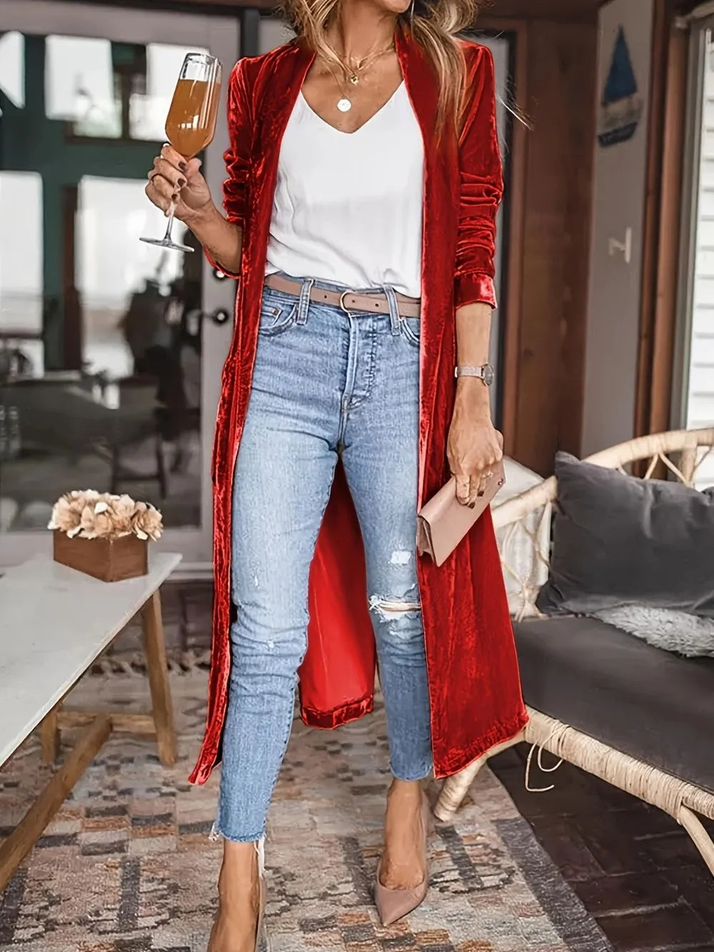 Open Front Long Sleeve Coat - Burgundy - Styled Front View