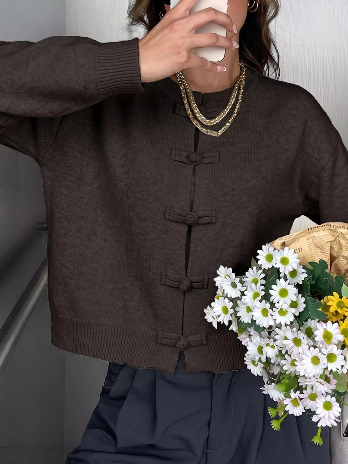 Chinese-Style Button Knit Cardigan - Coffee Brown - View 3