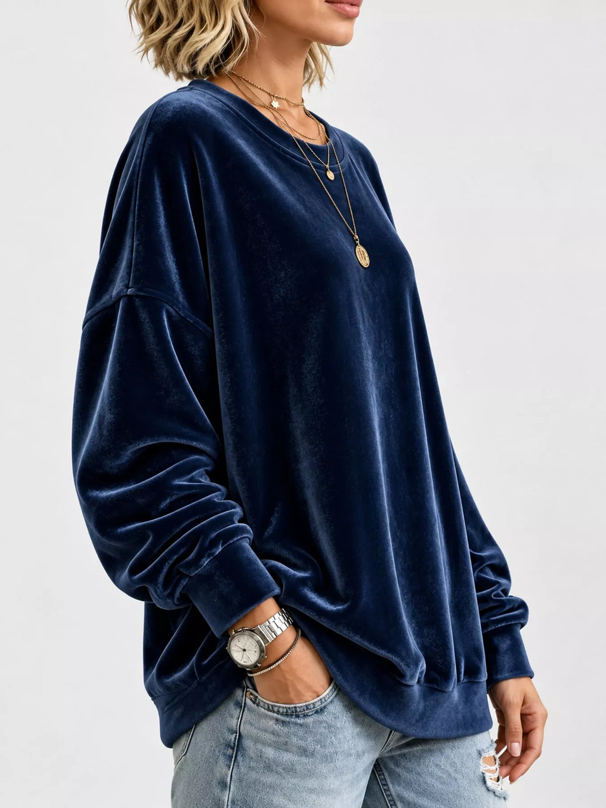 Full Size Crew Neck Drop Shoulder Sweatshirt Plus Size - Navy Blue - View 8