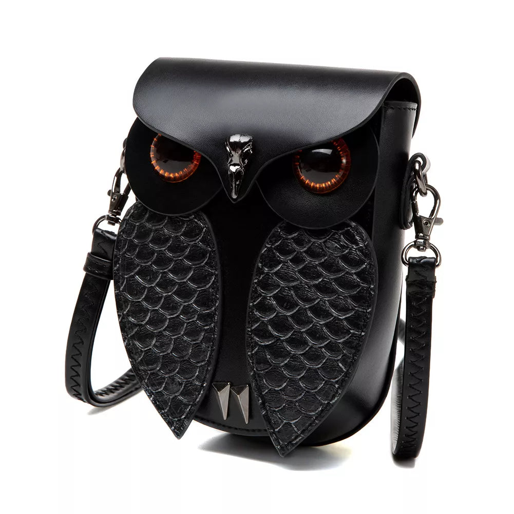 Owl Design Leather Crossbody Bag - Black - View 2