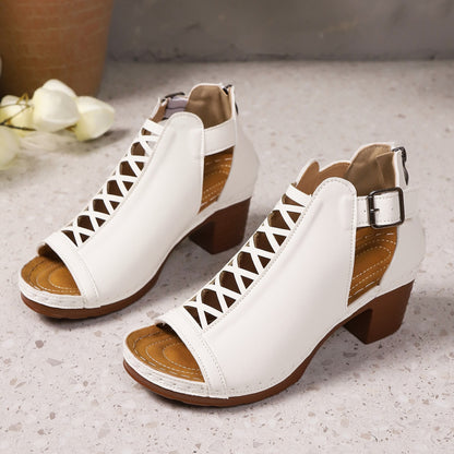 Open Toe Block Heels Sandals - White - View 4