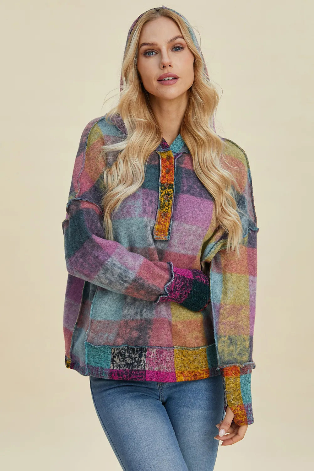 Double Take Full Size Plaid Dropped Shoulder Fleece Hoodie Plus Size - Heliotrope Purple - View 10