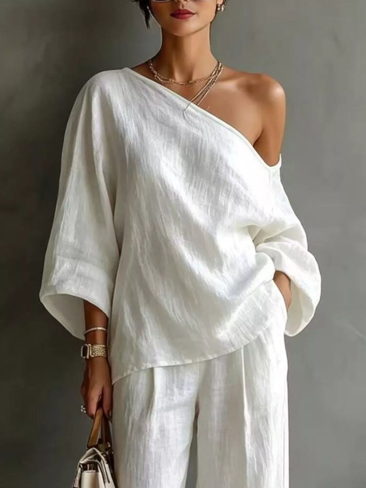 One Shoulder Top and Wide Leg Pants Set - White - View 2