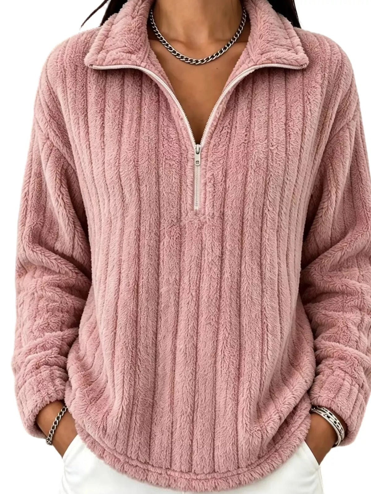 Quarter-Zip Dropped Shoulder Sweatshirt - Dusty Pink - View 1