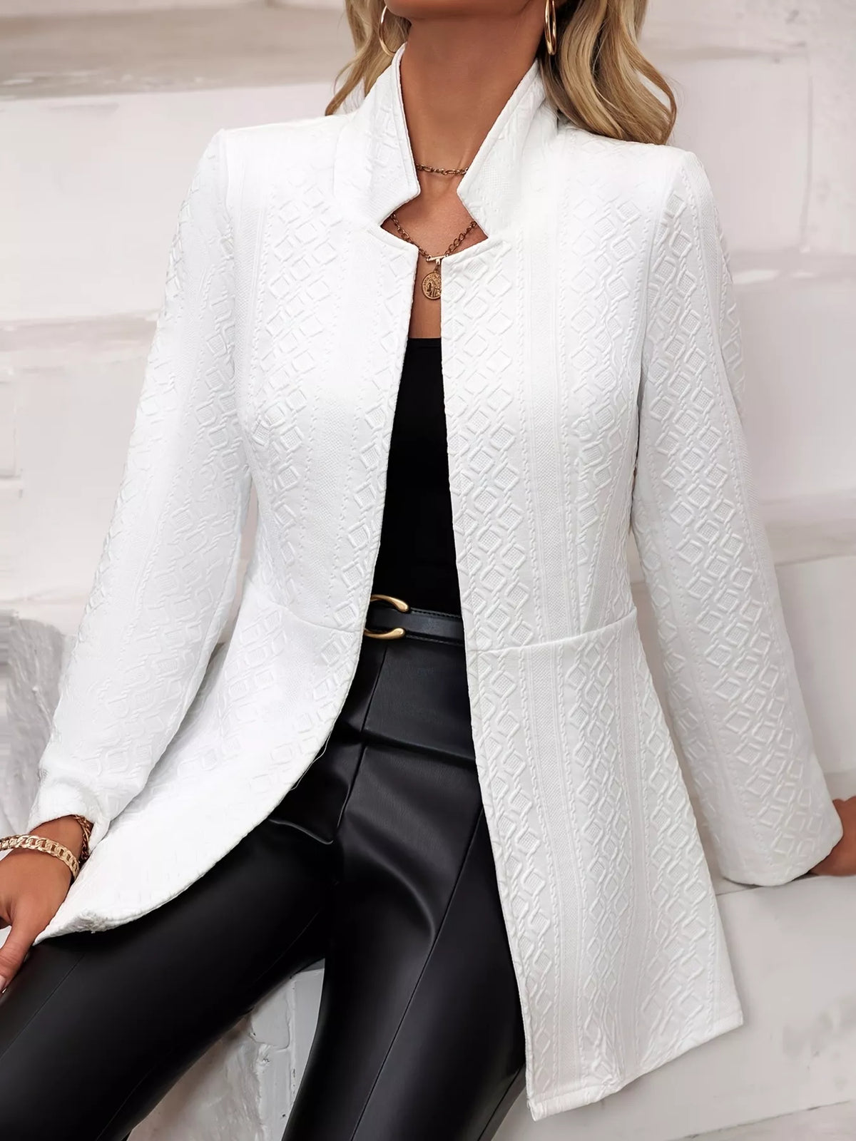 Textured Open Front Slim Fit Blazer - White - View 3