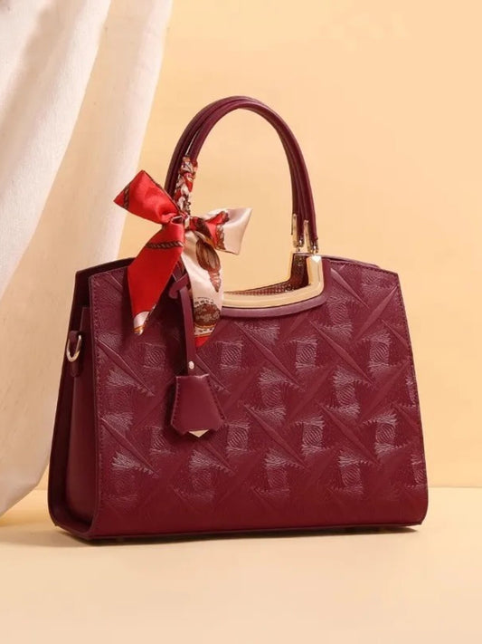 Embossed Leather Top Handle Handbag - Wine Red - View 1