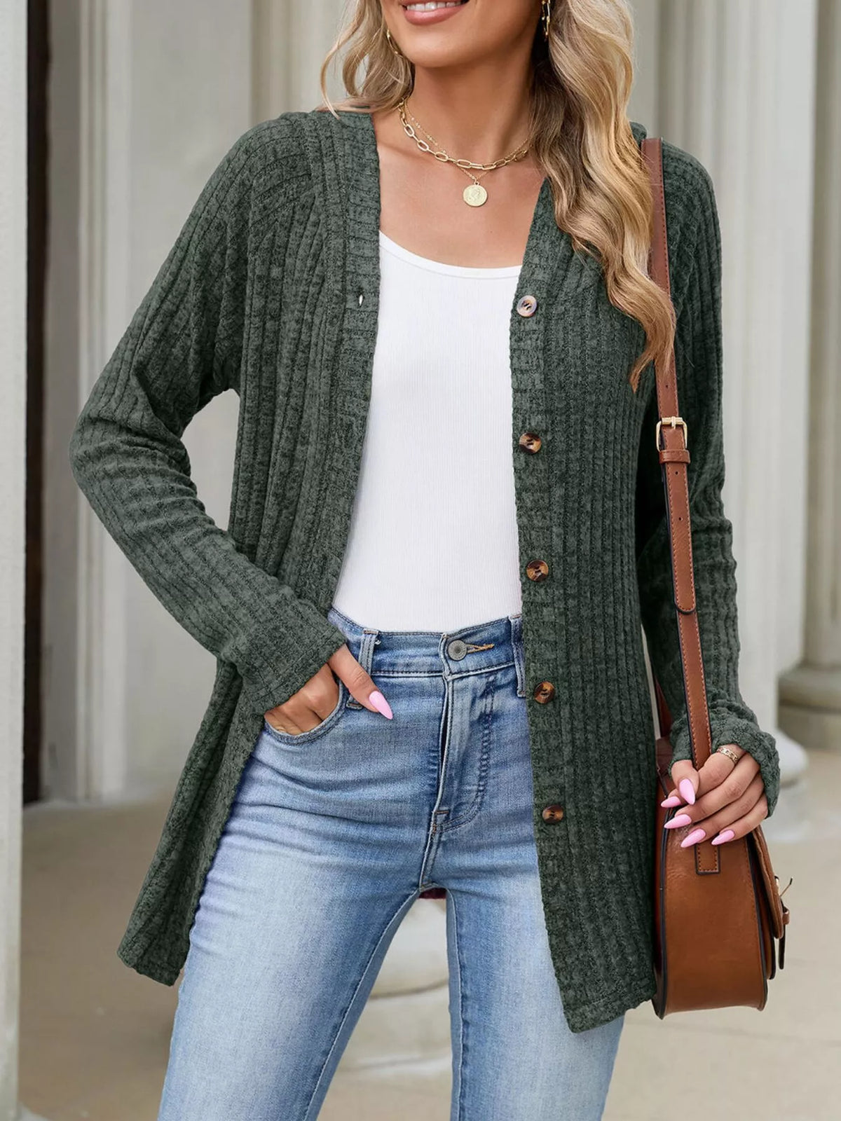 Ribbed Knit Hooded Button-Down Cardigan - Army Green - View 5