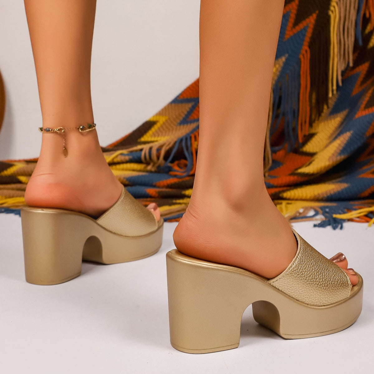 Open Toe Block Heels Sandals - Gold - View 4
