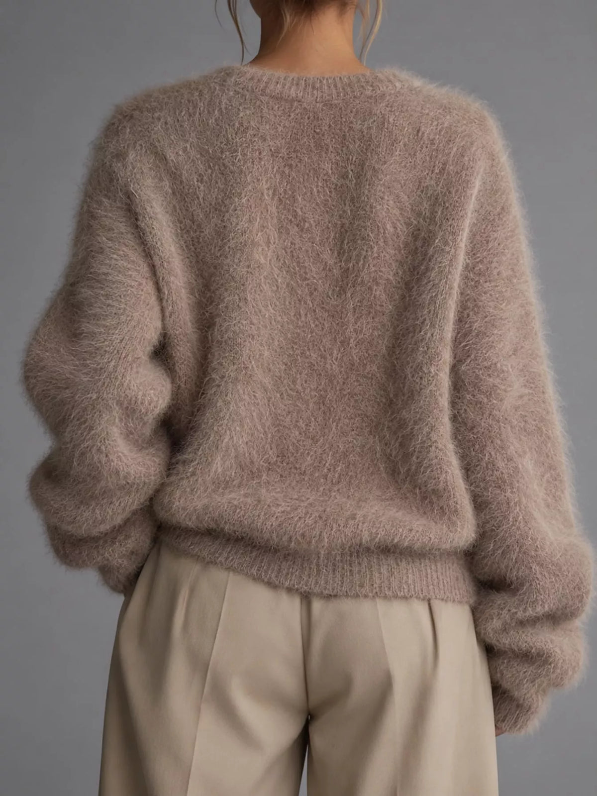 Fuzzy V-Neck Button-Down Cardigan - Camel - View 16
