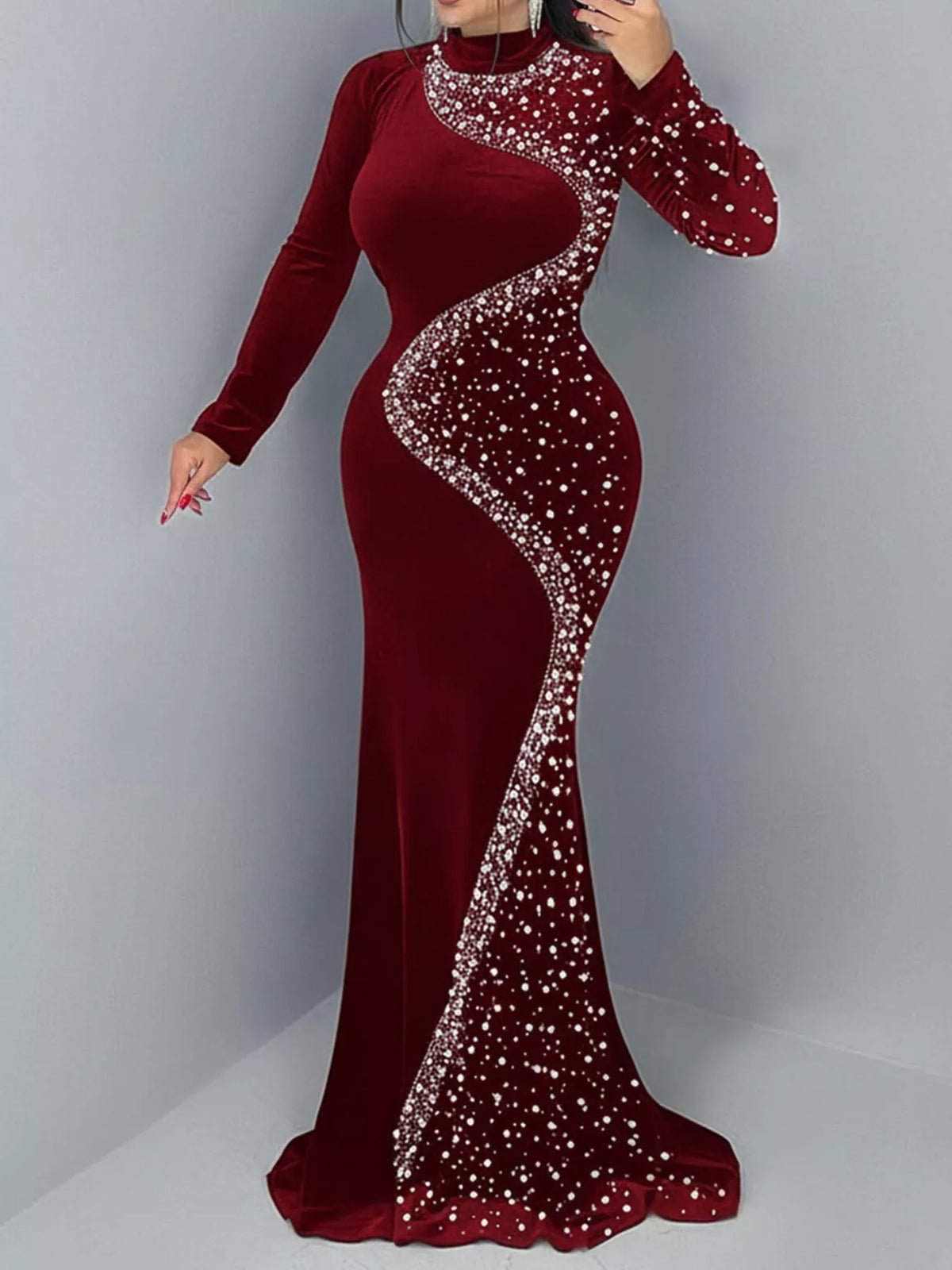 Rhinestone Embellished Velvet Mermaid Evening Maxi Dress - Burgundy - View 1