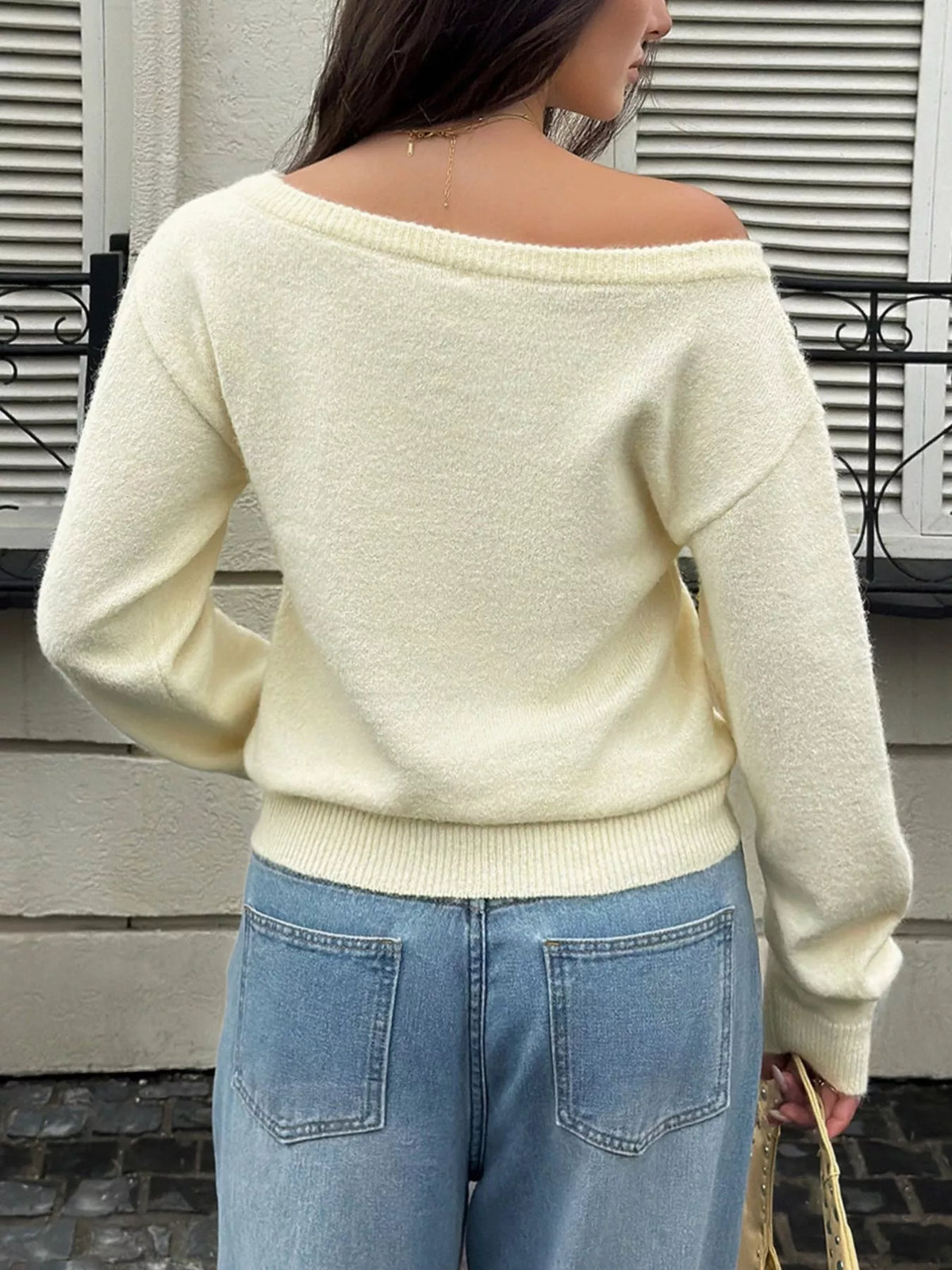 Boat Neck Dropped Shoulder Sweater - Yellow - View 5