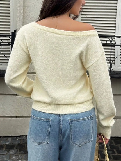 Boat Neck Dropped Shoulder Sweater - Yellow - View 5