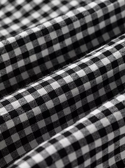 Plaid Shirred Cuff Long Sleeve Round Neck Blouse - Black - View 11