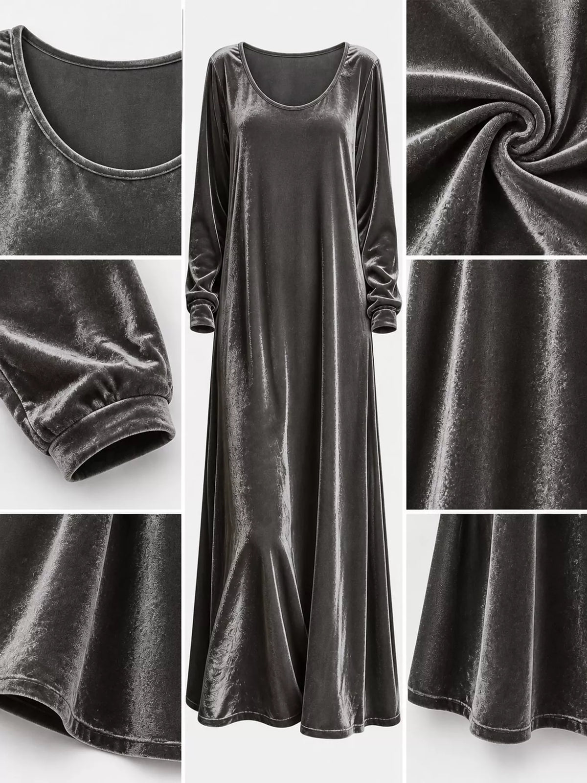Velvet Long-Sleeve Maxi Dress - Gray - View 15