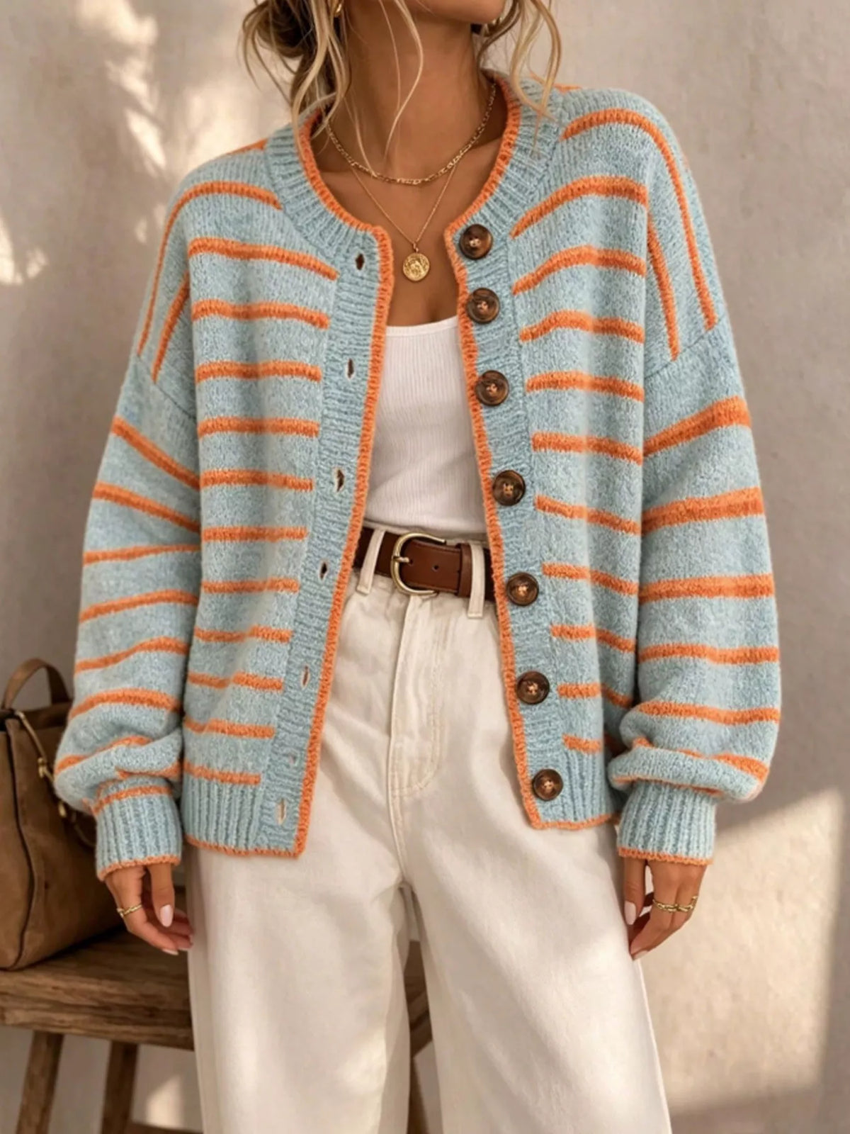 Striped Button-Down Knit Cardigan - Light Blue - View 2