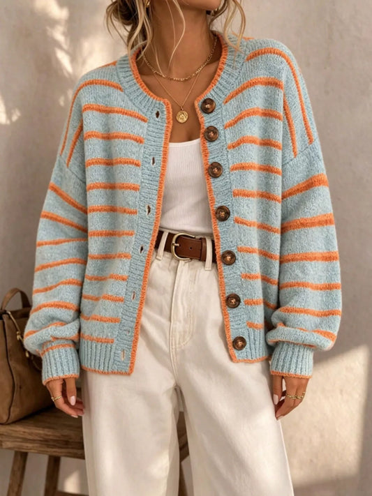 Striped Button-Down Knit Cardigan - Light Blue - View 2