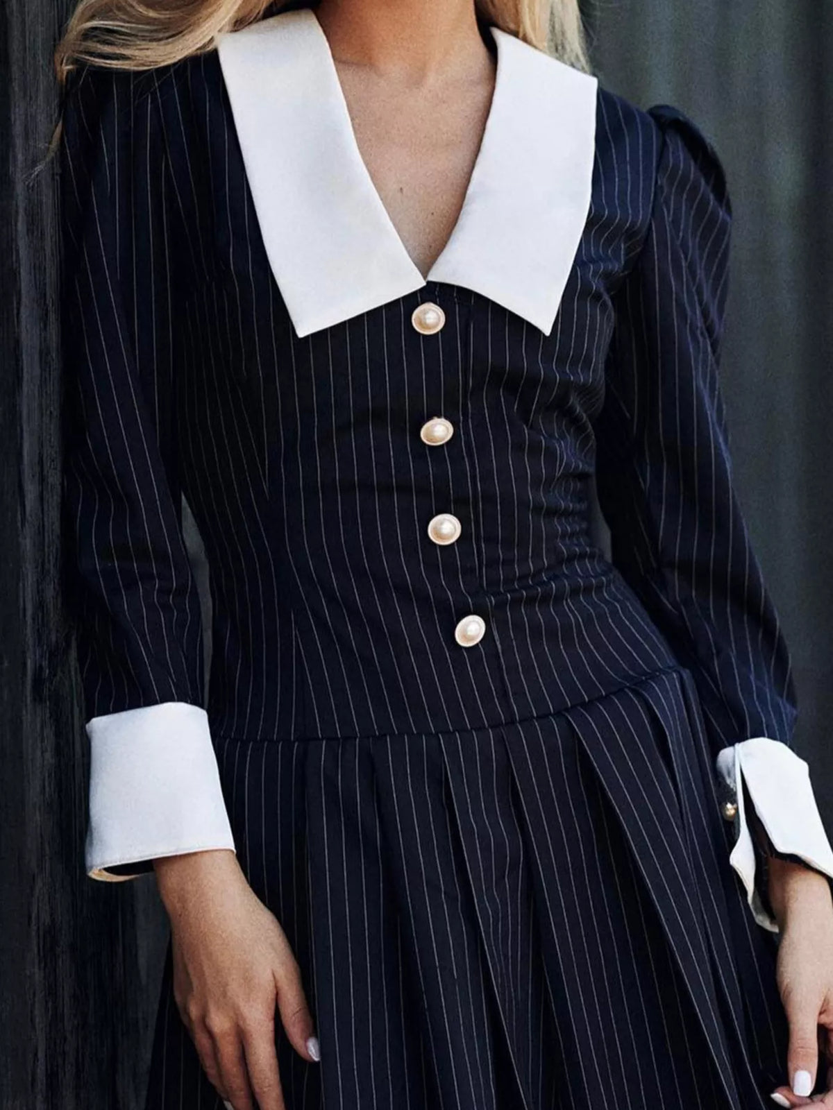 Striped Long-Sleeve Pleated Mini Dress - Navy Blue - View 4