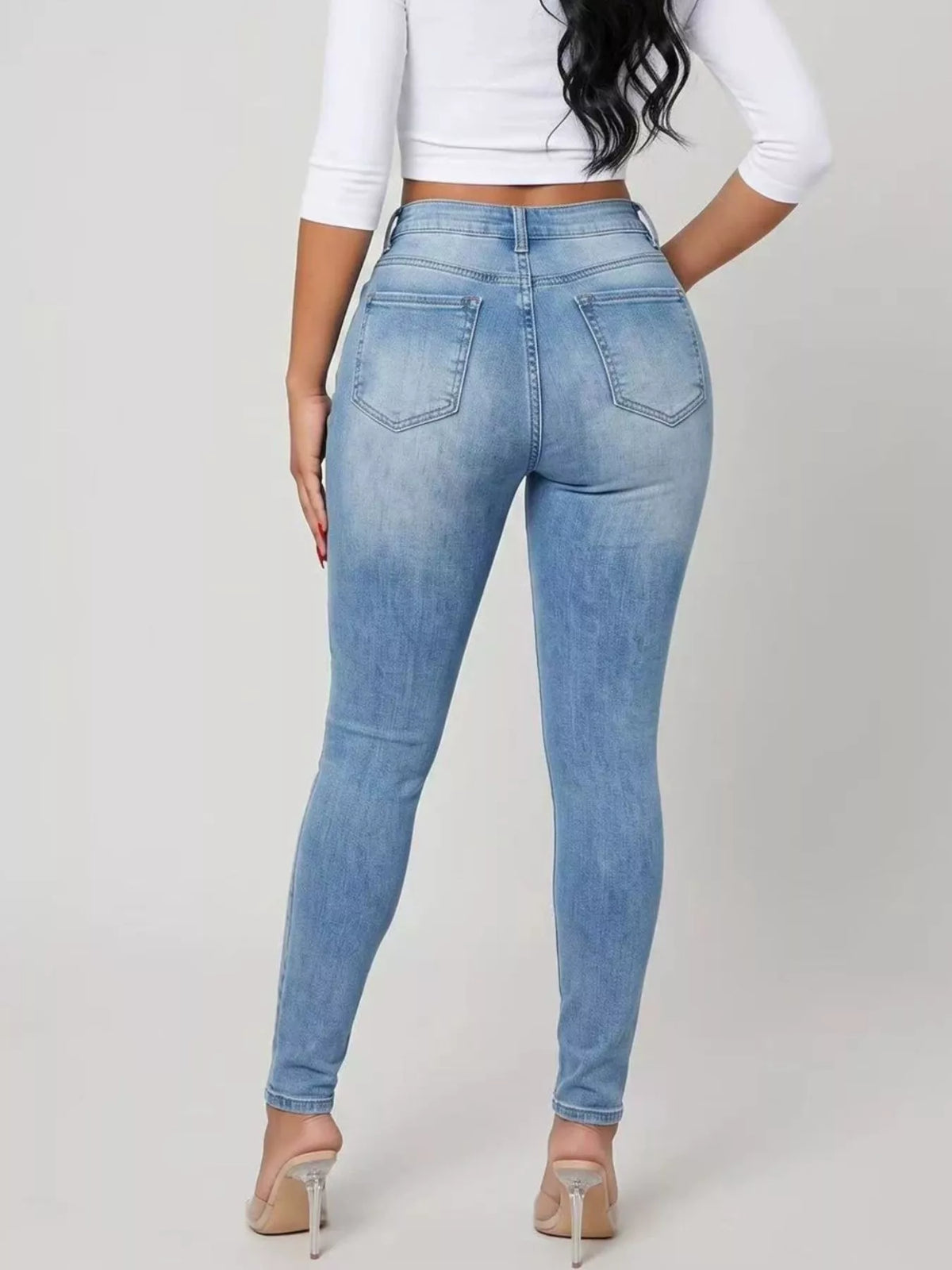 High-Waisted Distressed Skinny Jeans - Light Blue - View 2
