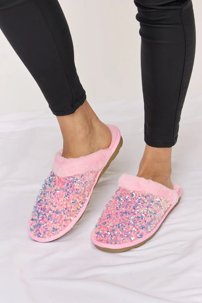 Forever Link Sequin Plush Round Toe Slippers - PINK - View 4