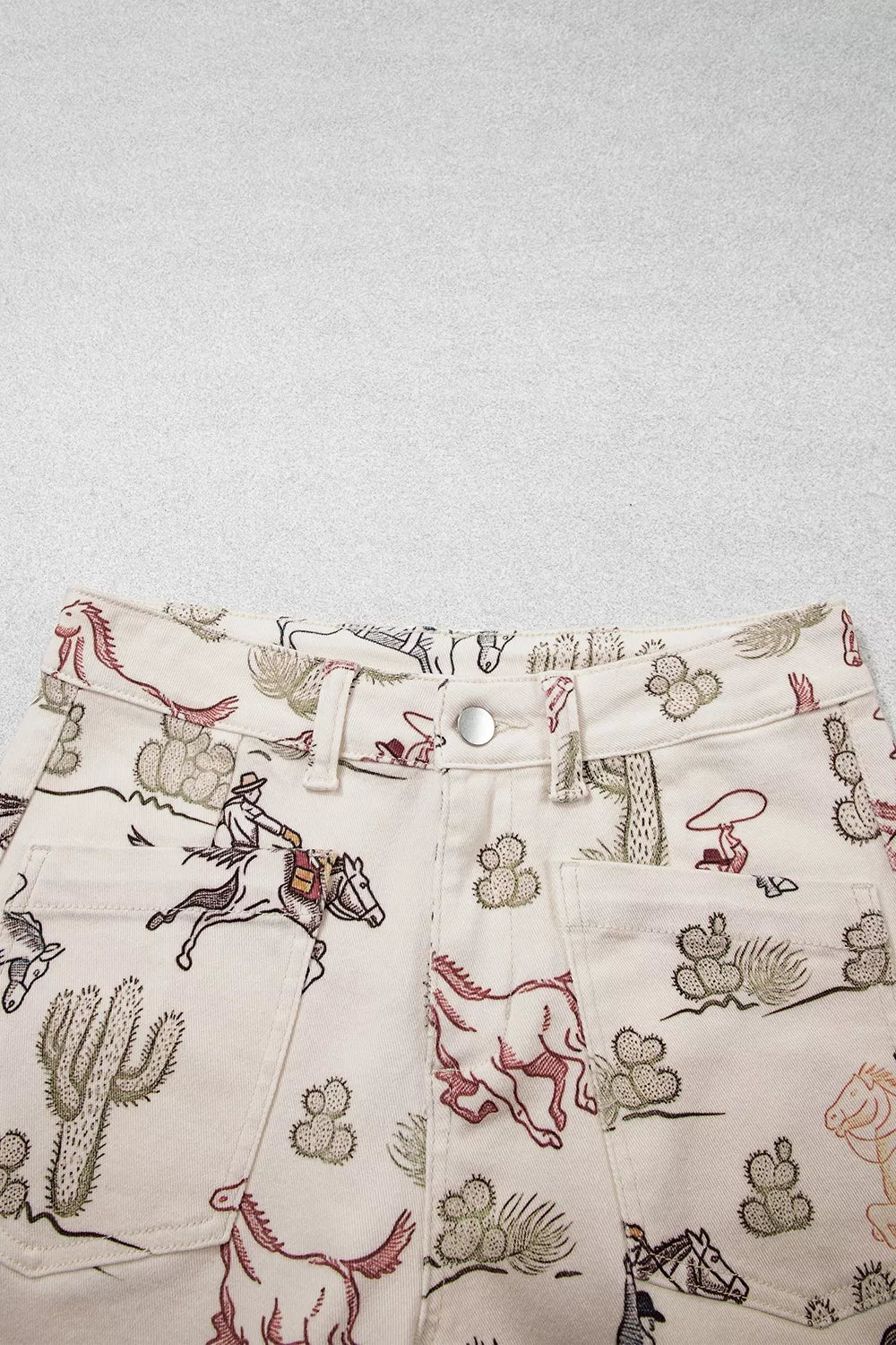 Western Print Straight Leg Ankle-Length Pocket Jeans - Beige - View 5