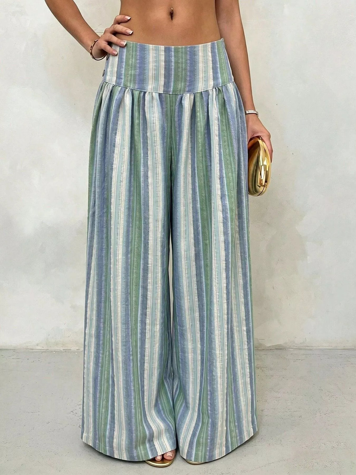 High-Waisted Striped Wide-Leg Casual Pants - Blue-green Stripes - View 8