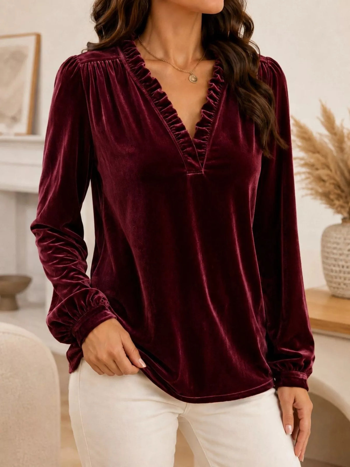 V-Neck Ruffle Trim Velvet Blouse - Burgundy - View 1