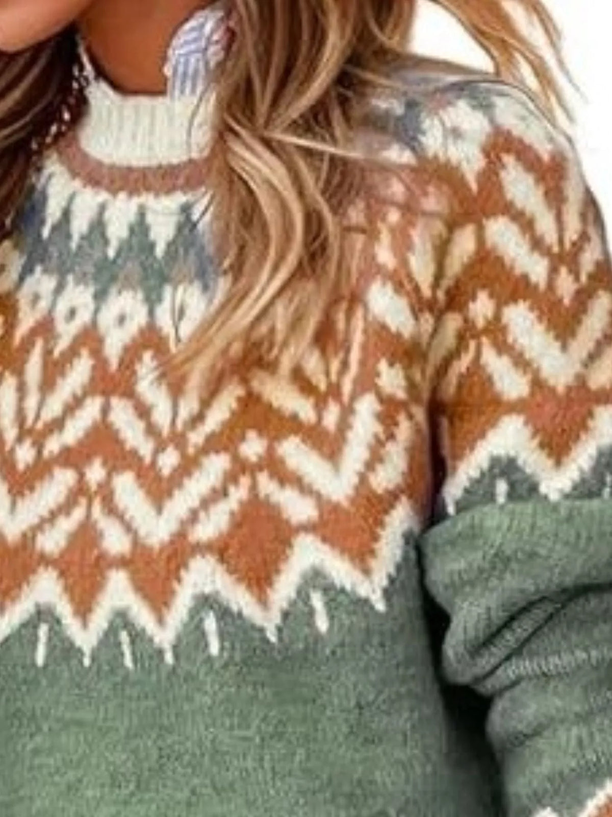 Full Size Fair Isle Patterned Long Sleeve Sweater Plus Size - Matcha Green - View 2