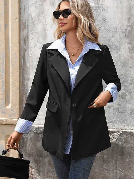 Striped Collar Long Sleeve Fake Two-Piece Blazer - Black - View 2