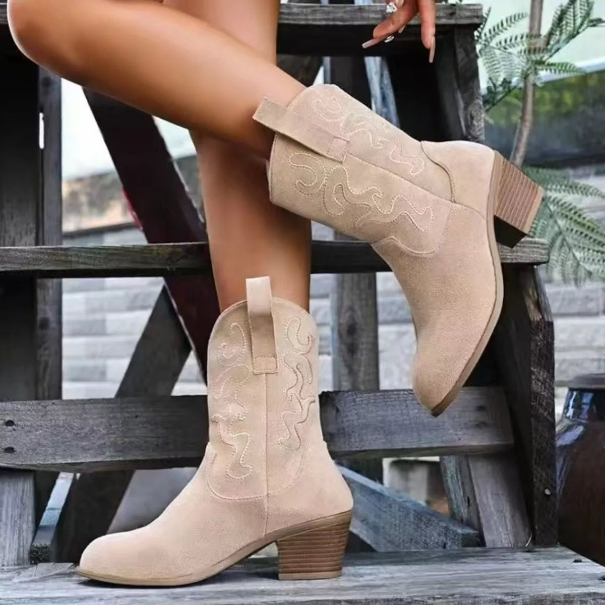 Round Toe Block Heels Boots - Beige - View 5