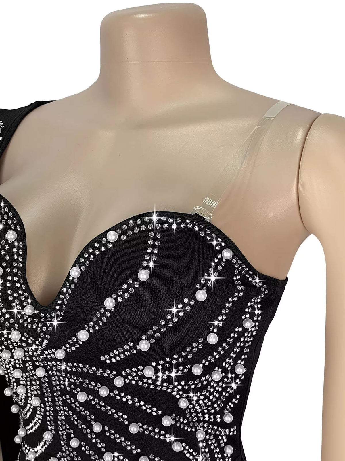 Rhinestone Pearl Detail One-Shoulder Mermaid Maxi Dress - Black - View 9