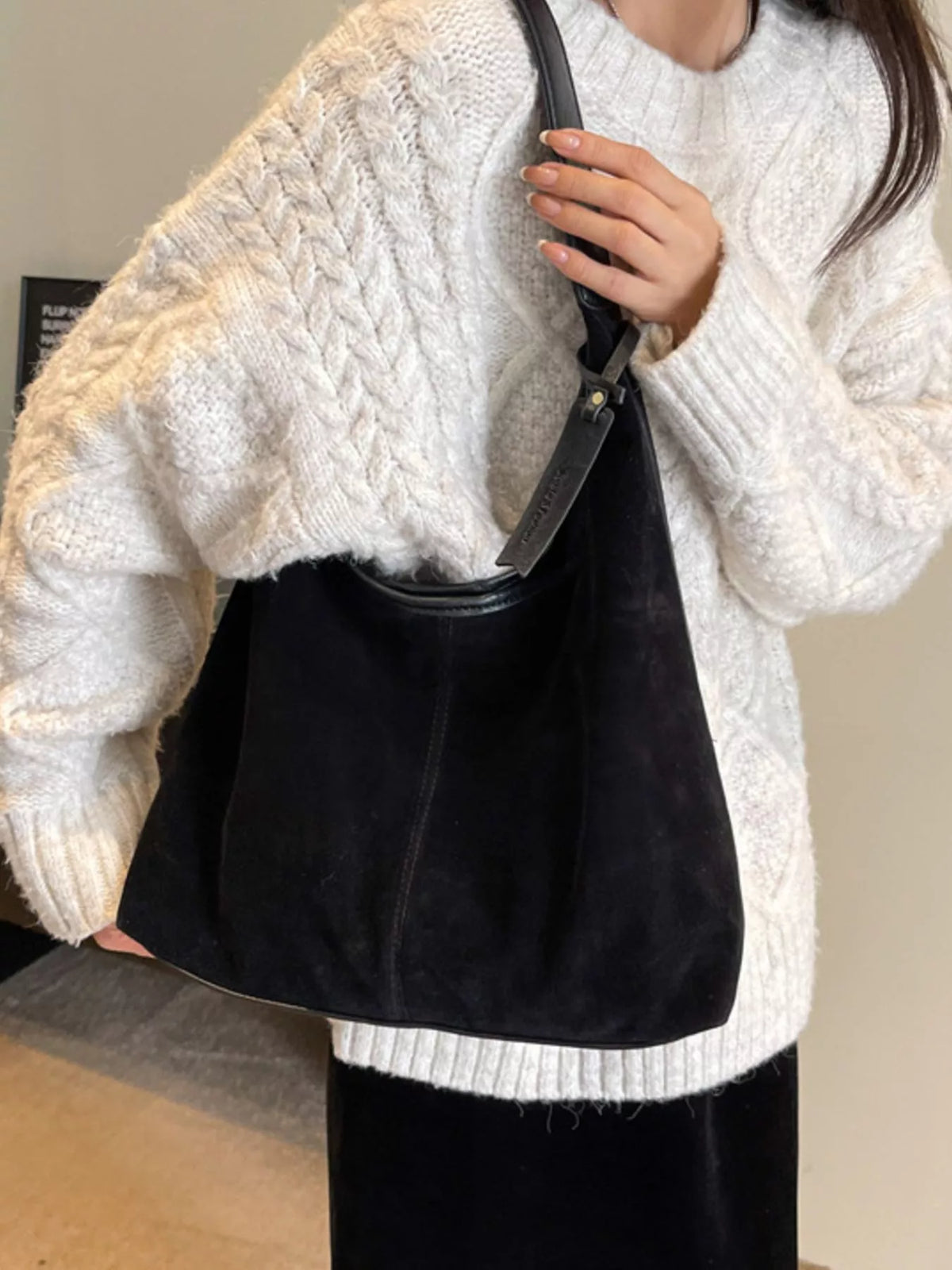Suede Hobo Shoulder Bag - Black - View 2