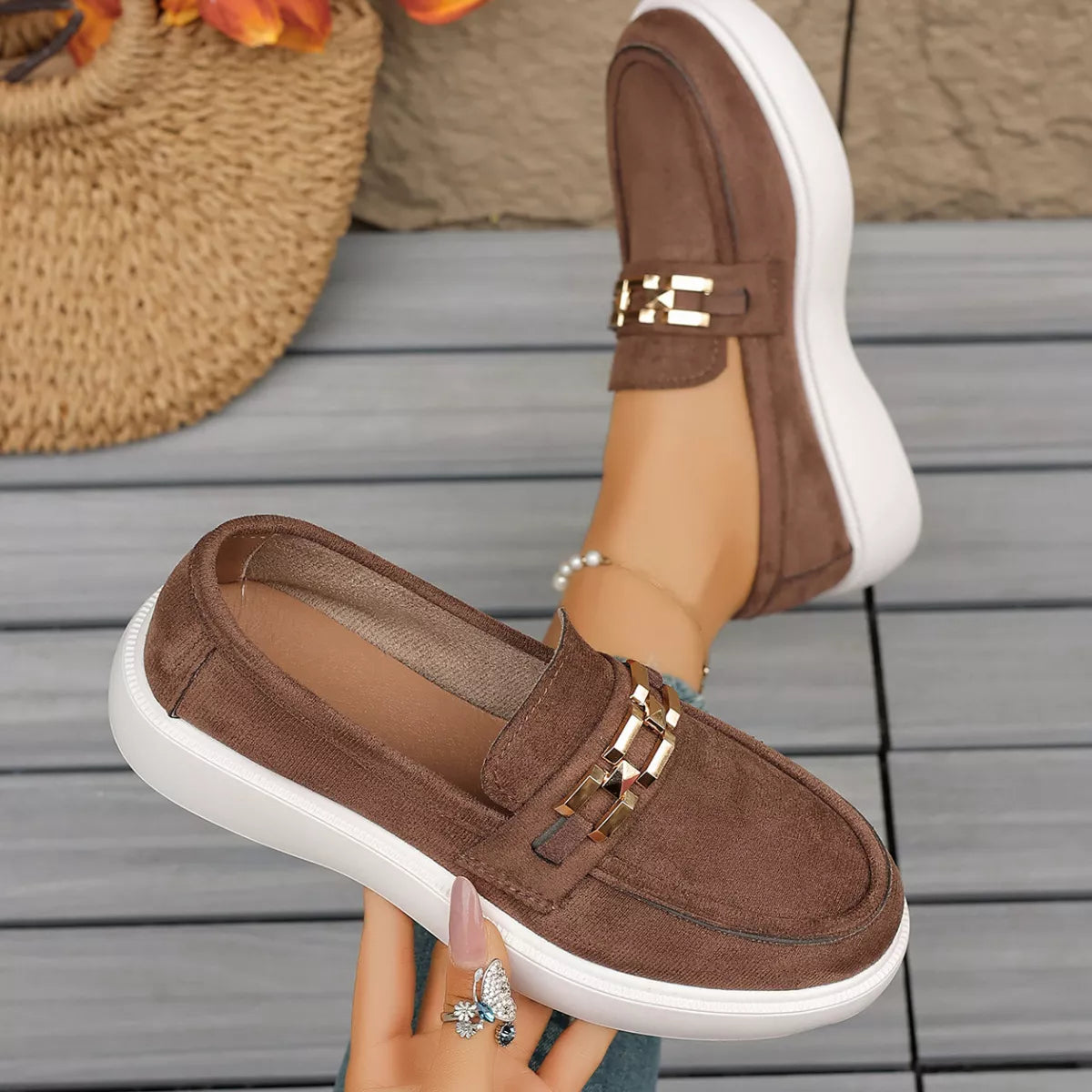 Round Toe Slip-Ons - Brown - View 3