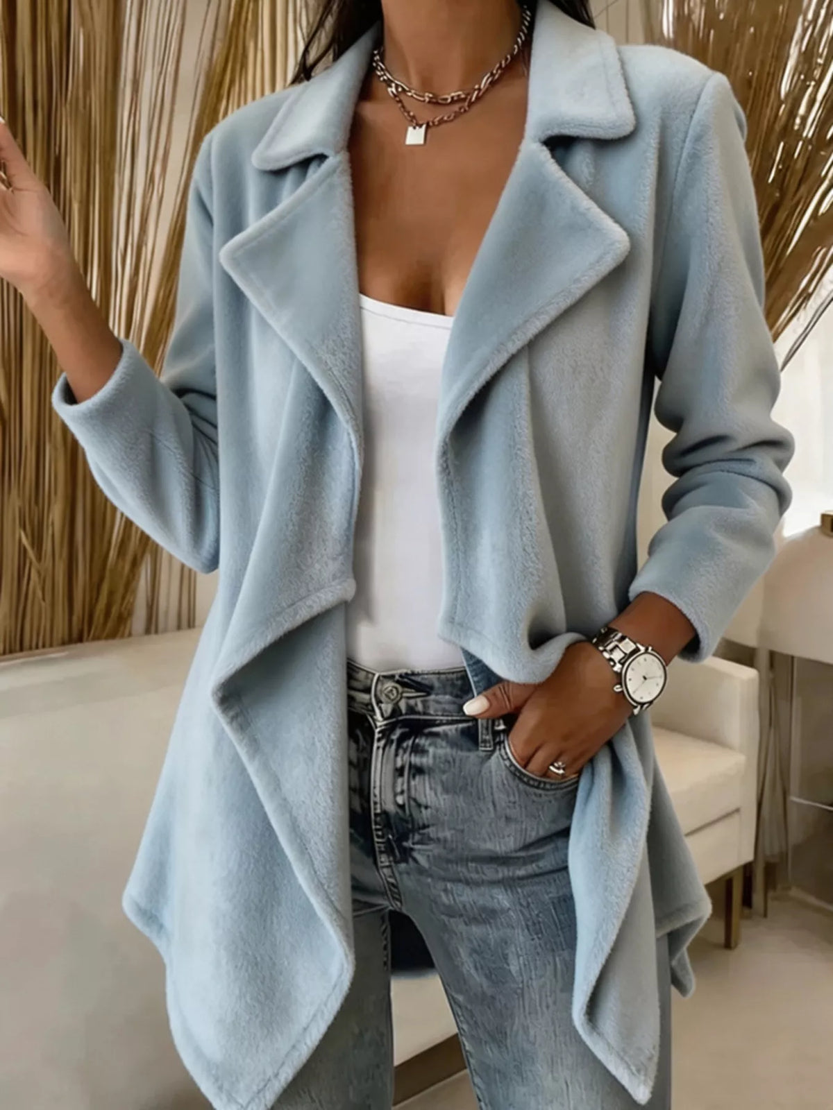 Full Size Fleece Waterfall Collar Outerwear Plus Size - Sky Blue - View 1