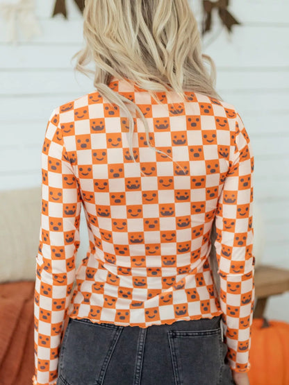 Abstract Halloween Pattern Long Sleeve Mock Neck Blouse - Sherbet - View 2