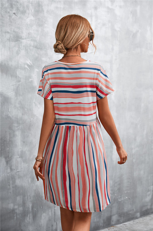Striped Round Neck Dress - Coral - View 2