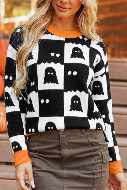 Halloween Ghost Pattern Checkerboard Sweater - Black - View 3