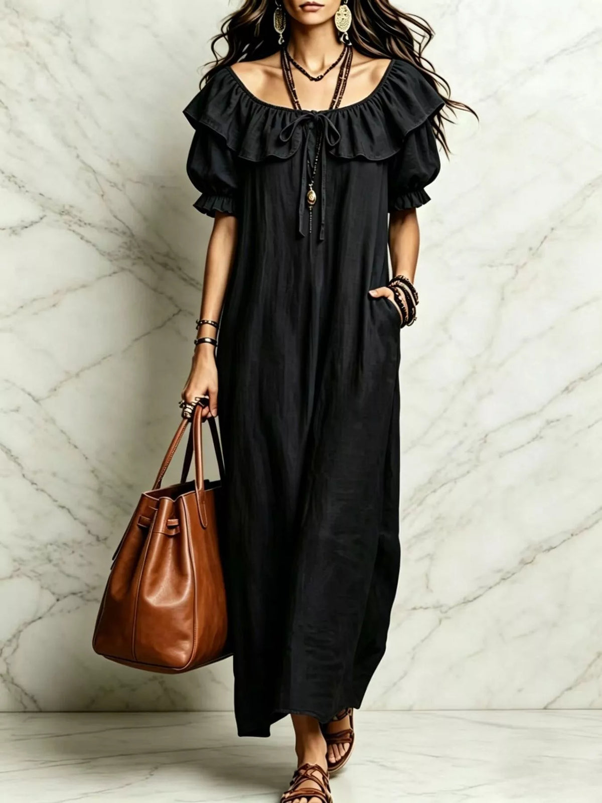 Ruffle Trim Puff Sleeve Maxi Dress - Black - View 1
