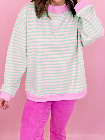 Striped Round Neck Long Sleeve Sweatshirt - Stripe - View 1