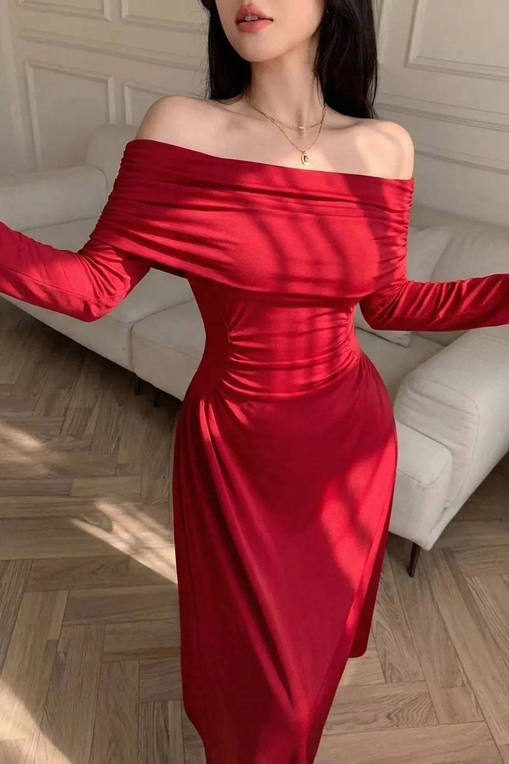 Off-Shoulder Ruched Maxi Dress - Deep Red - View 1