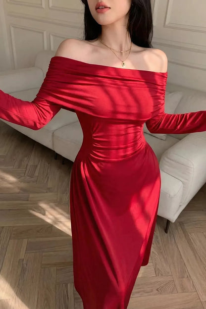 Off-Shoulder Ruched Maxi Dress - Deep Red - View 1