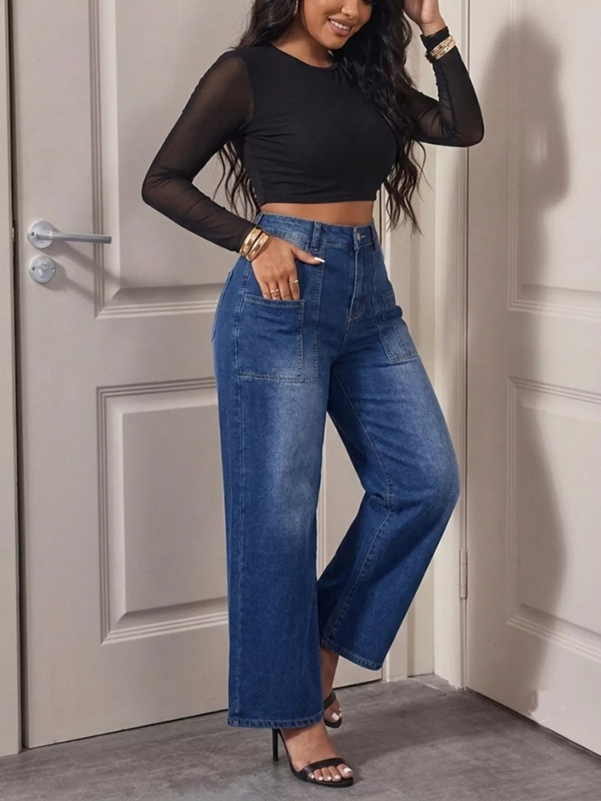 High-Waisted Wide Leg Jeans - Peacock  Blue - View 3