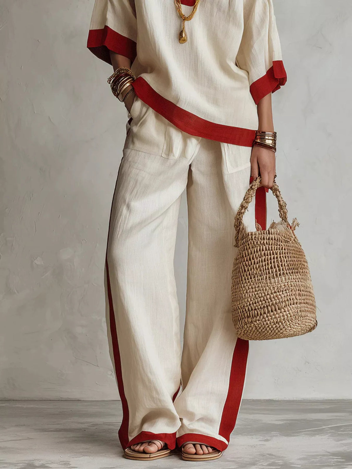 Full Size Contrast Trim Top and Wide Leg Pants Set Plus Size - Beige - View 3