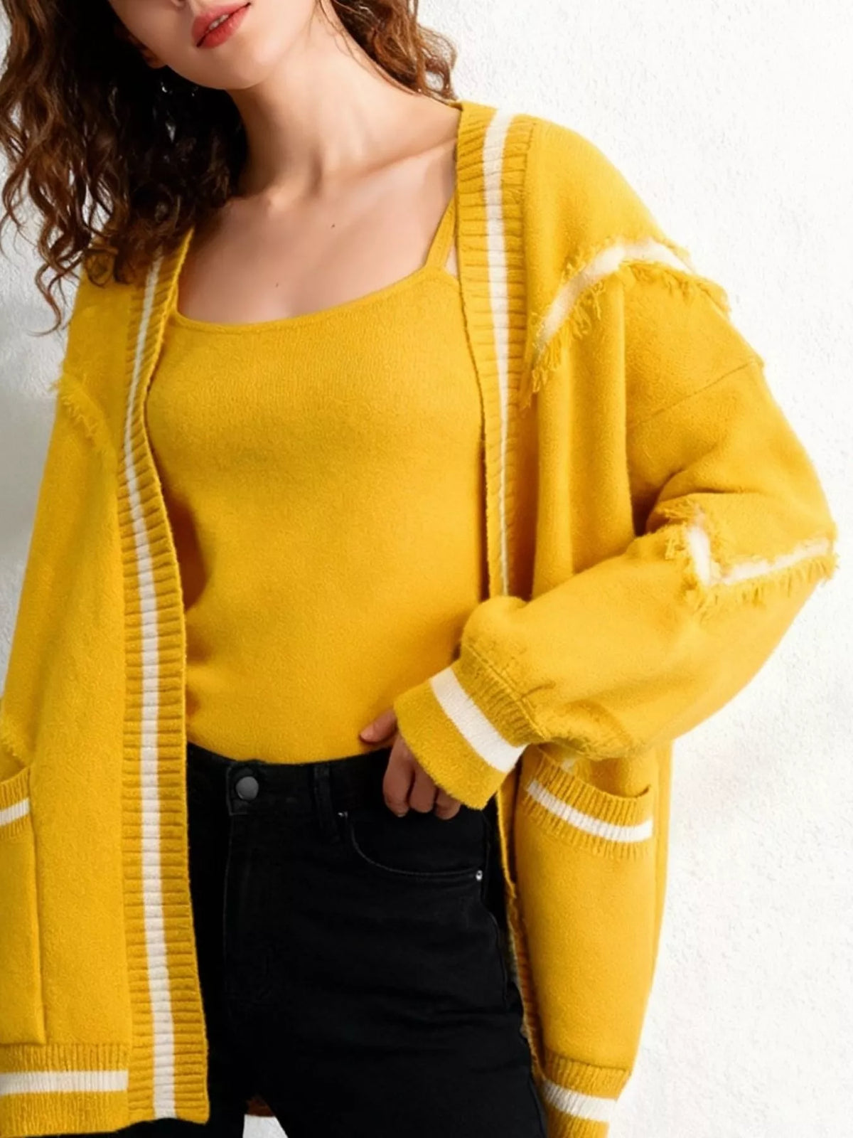 Frayed Hem Open Front Cardigan - Yellow - View 1