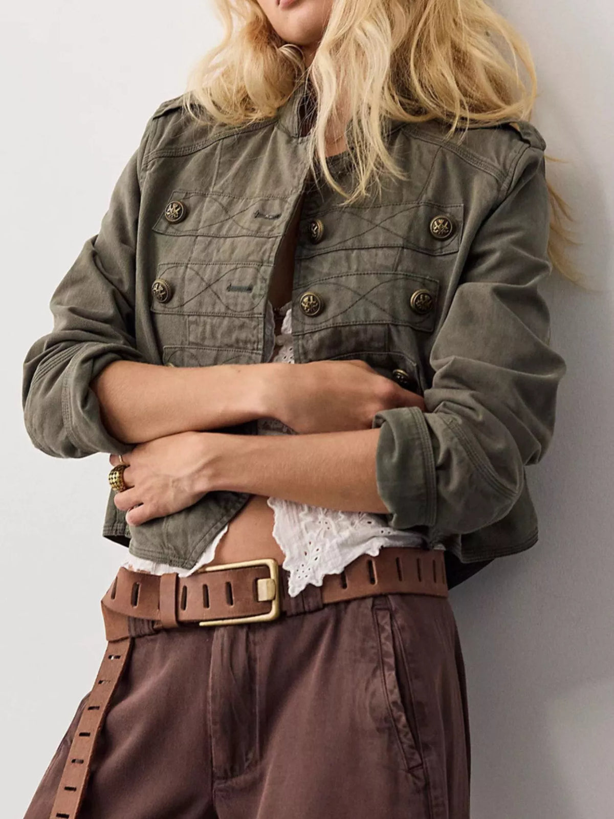 Decorative Button Cropped Jacket - Army Green - View 1