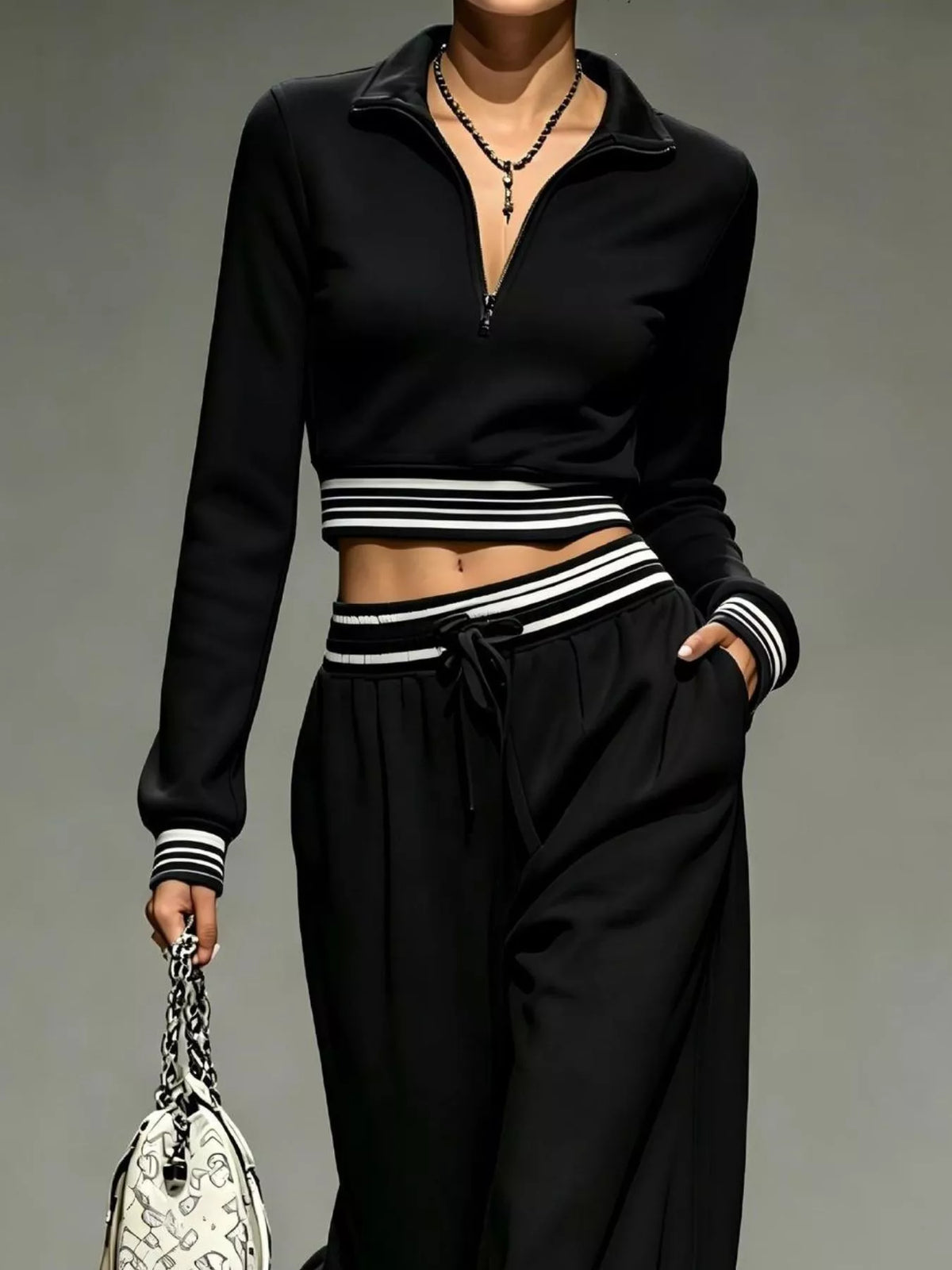 Full Size Half Zip Cropped Top and Pants Set Plus Size - Black - View 2